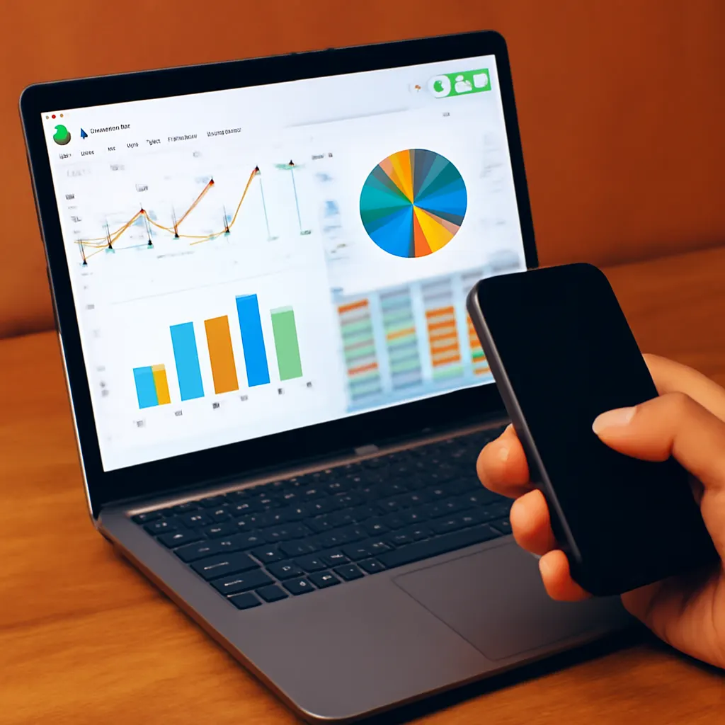 Рабочий стол с открытым ноутбуком, показывающим CRM на Google Sheets