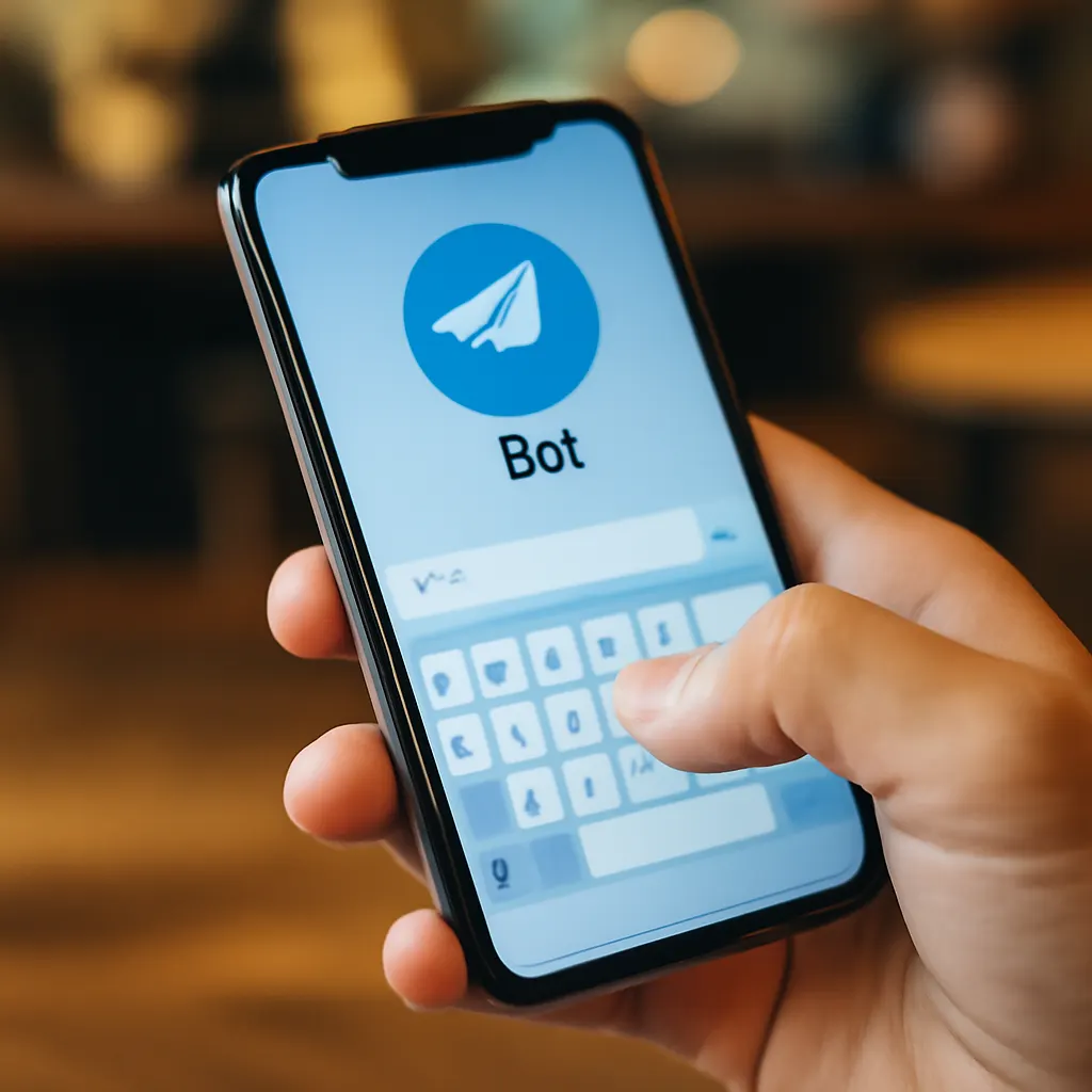 Близкий план руки с смартфоном и интерфейсом Telegram-бота.