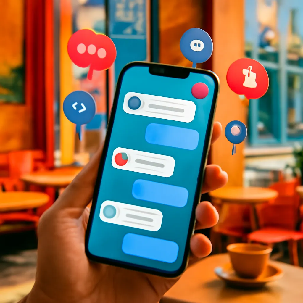 Hand holding a smartphone with chat interface in a cafe