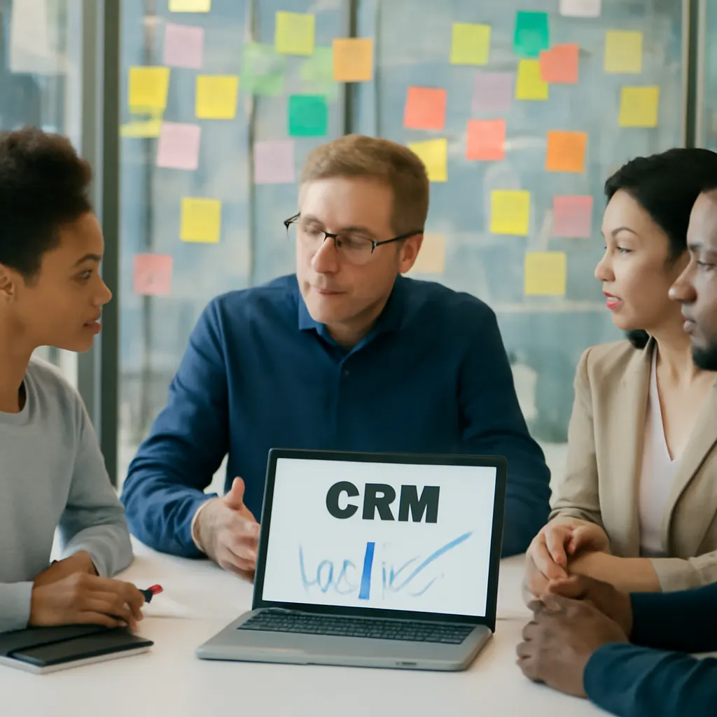 Zespół omawiający strategię CRM w nowoczesnym biurze.