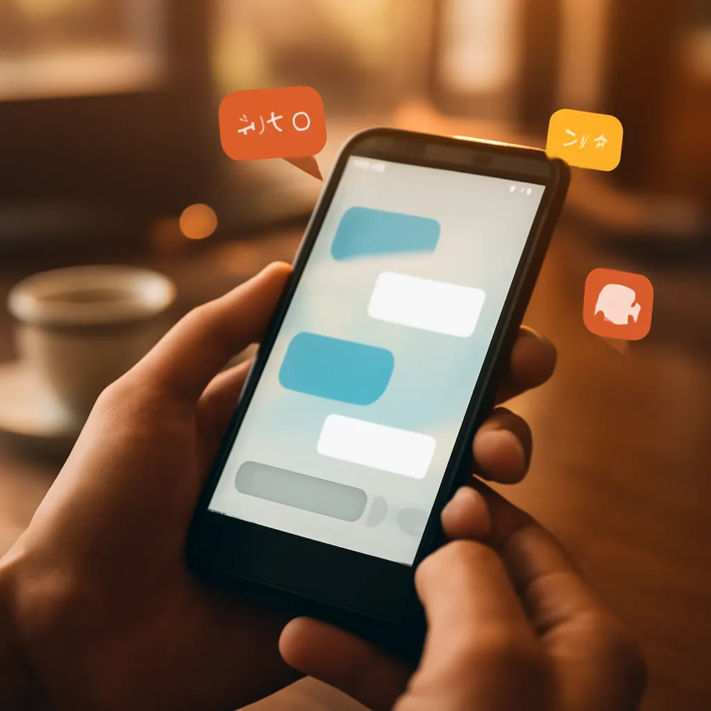 Человек держит смартфон с чат-интерфейсом в кафе.