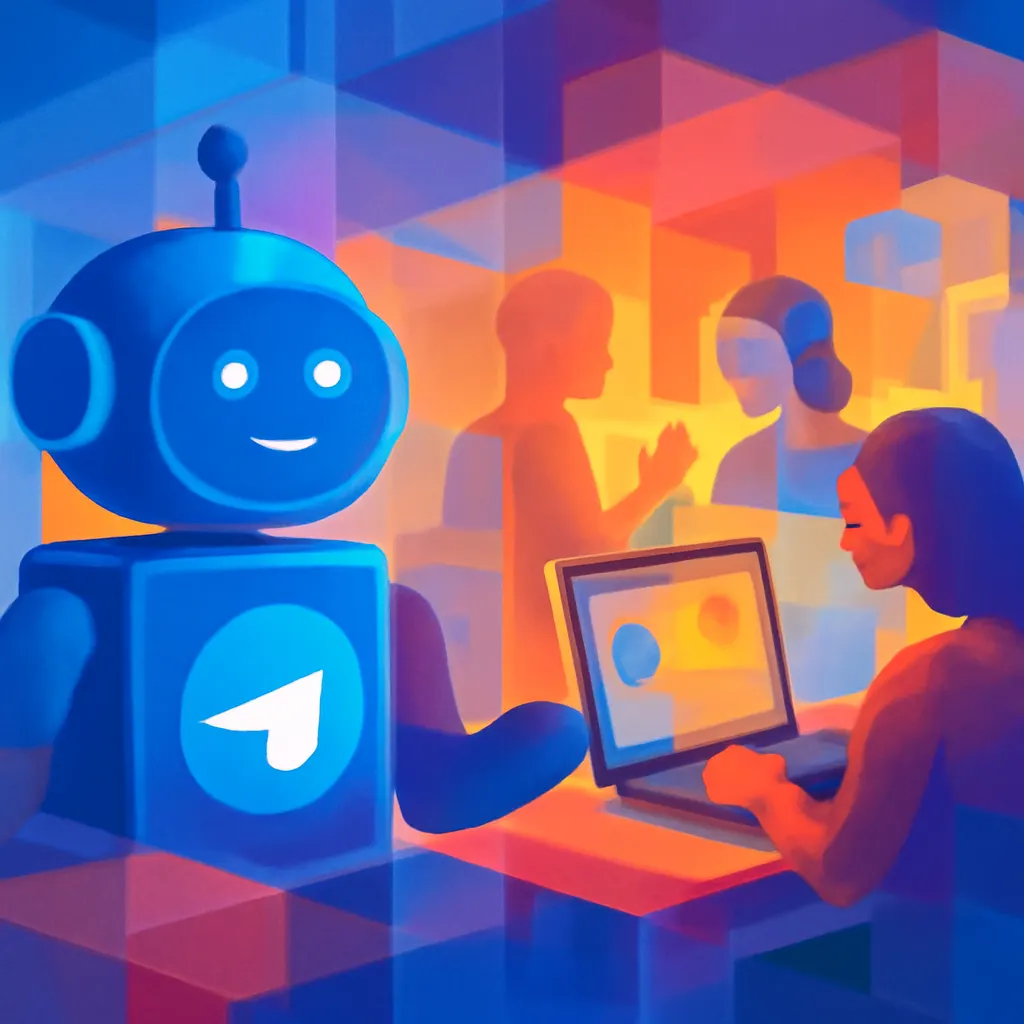 Telegram bot interaction in a vibrant workspace