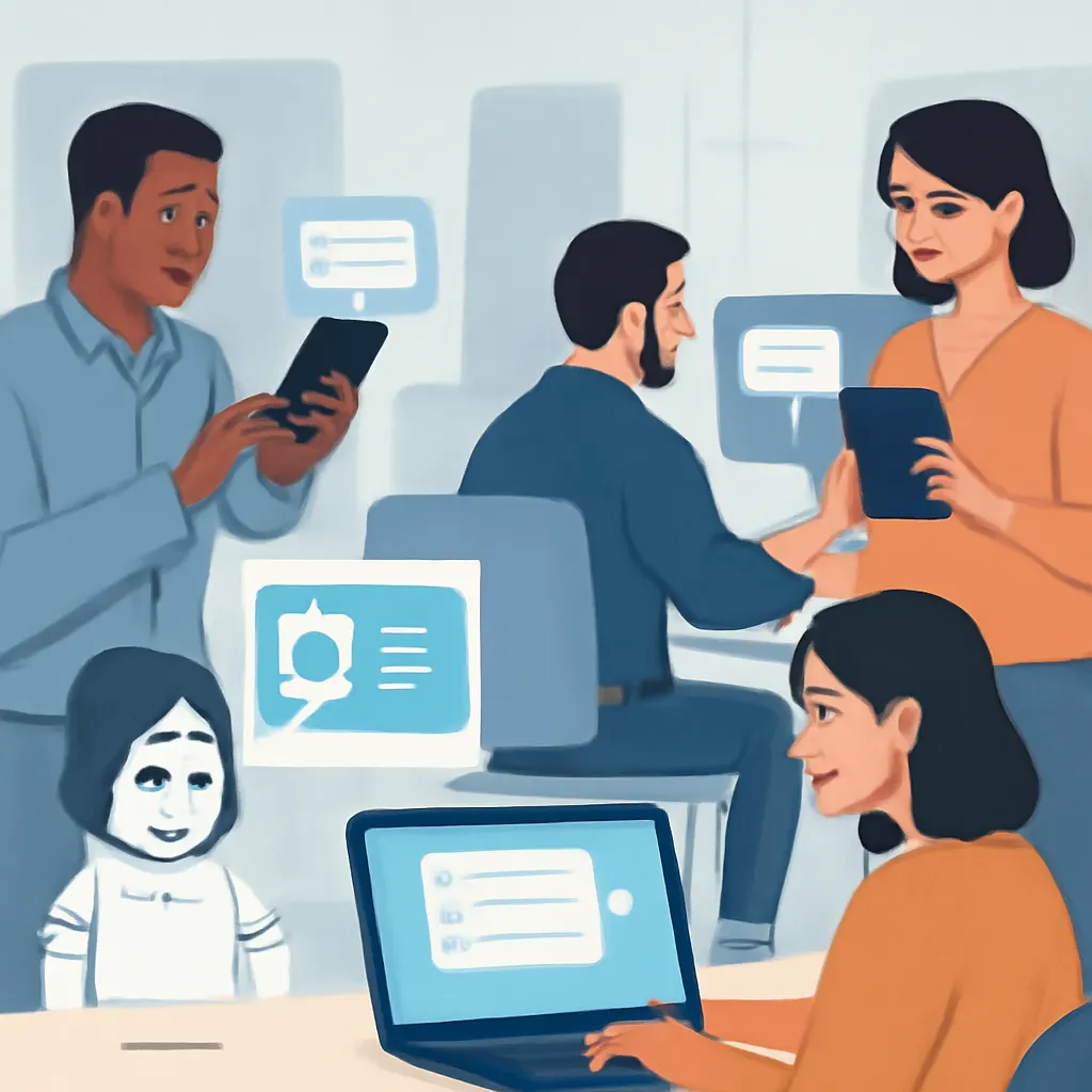 Übersicht über einen digitalen Arbeitsplatz, an dem Mitarbeiter mit KI-Bots interagieren.