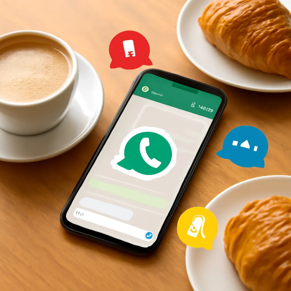 A smartphone showcasing WhatsApp integration in a cafe setting.