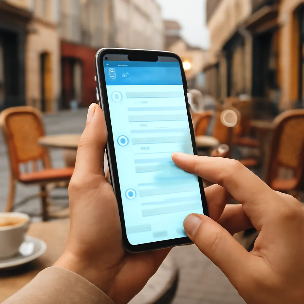 Человек использует смартфон в кафе, показывая интерфейс Telegram-бота.