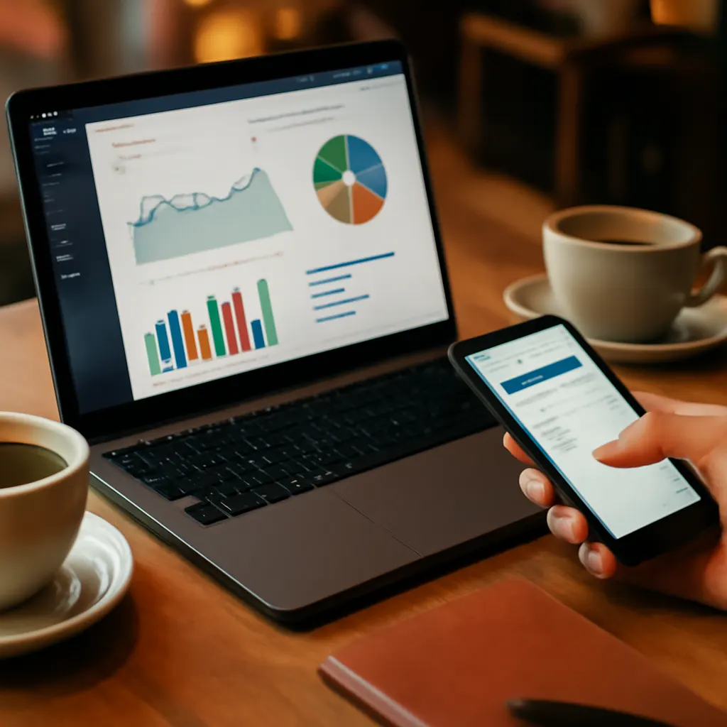 Экран ноутбука с панелью управления CRM и кофе на столе.