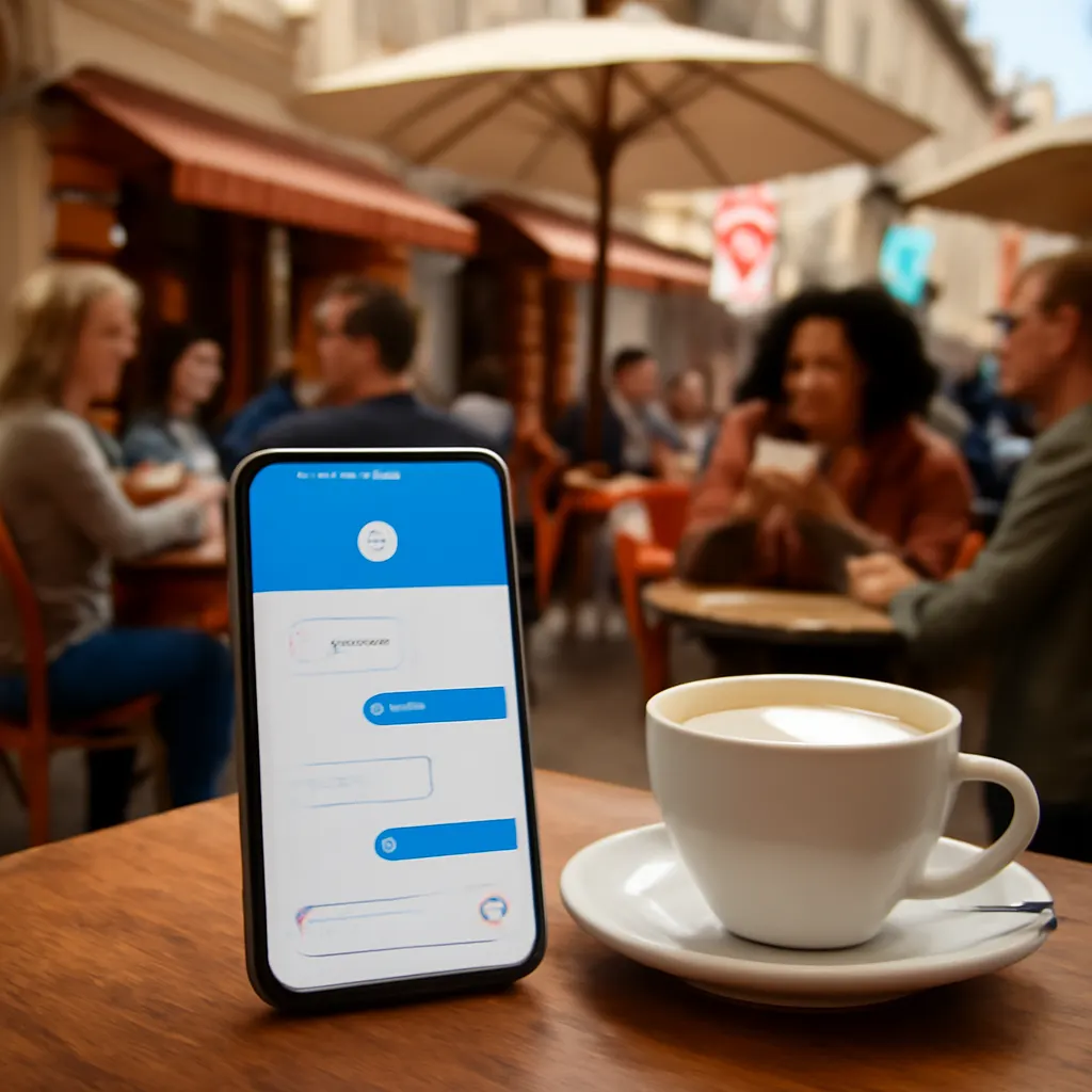 Smartphone displaying a chatbot interface in a café setting.