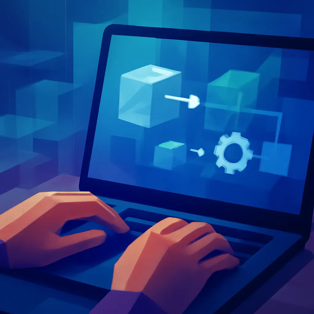 Person designing an automation workflow on a laptop.