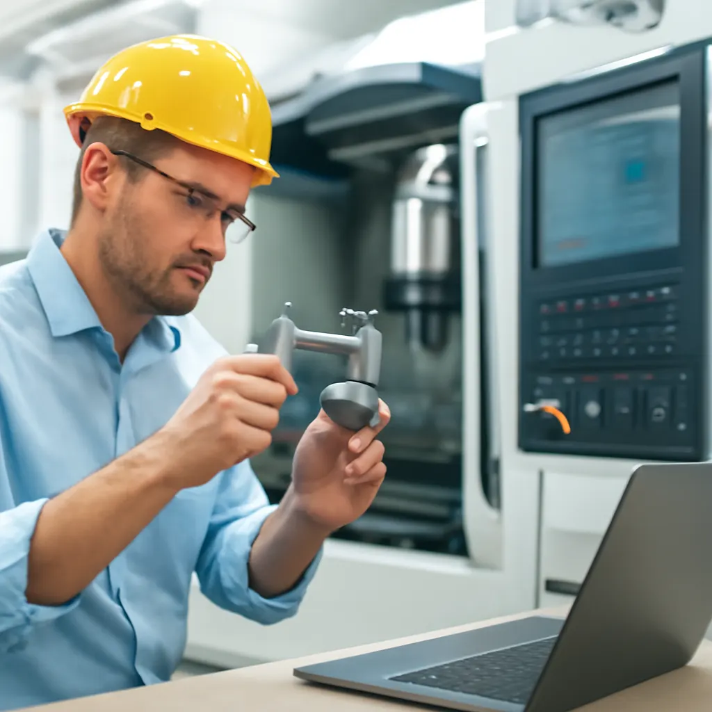 Ein Ingenieur inspiziert eine CNC-Maschine in einem hellen Werkstatt.