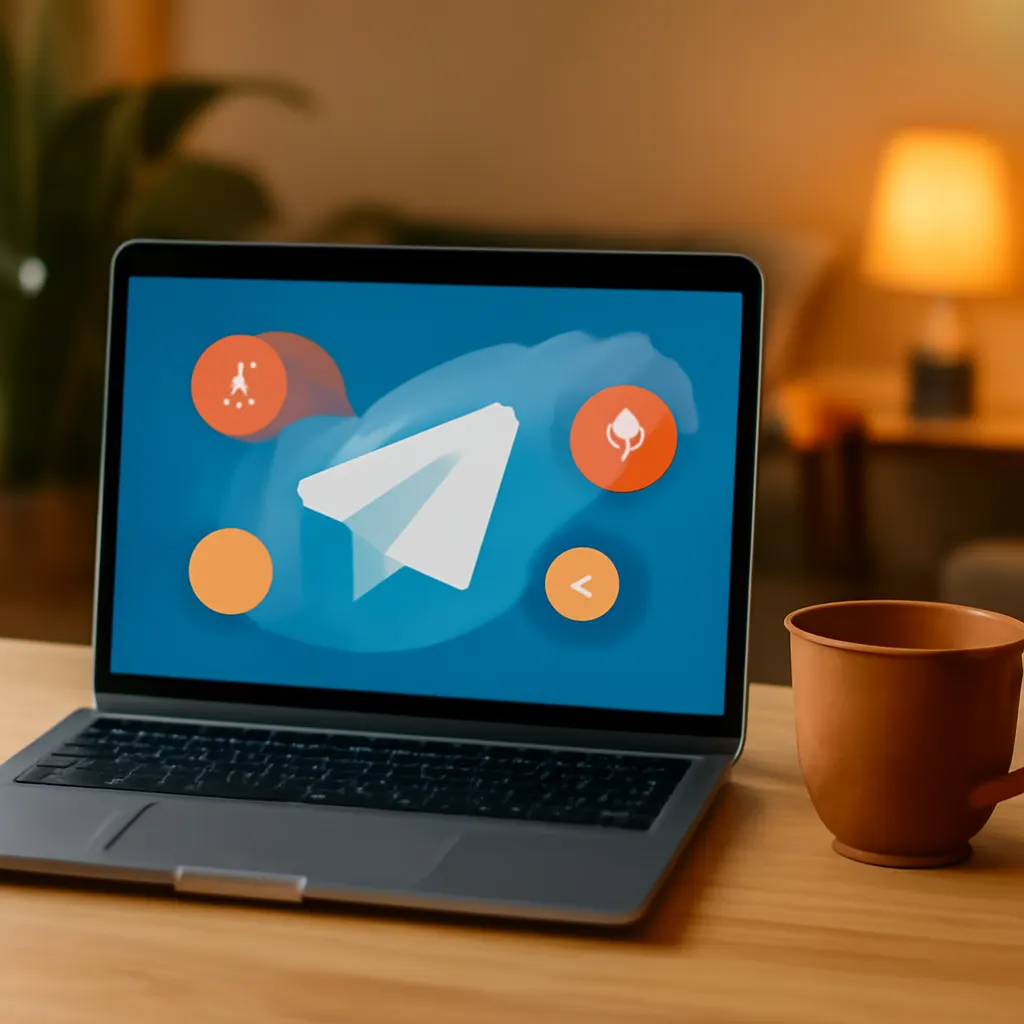 Открытый ноутбук на столе с интерфейсом Telegram бота
