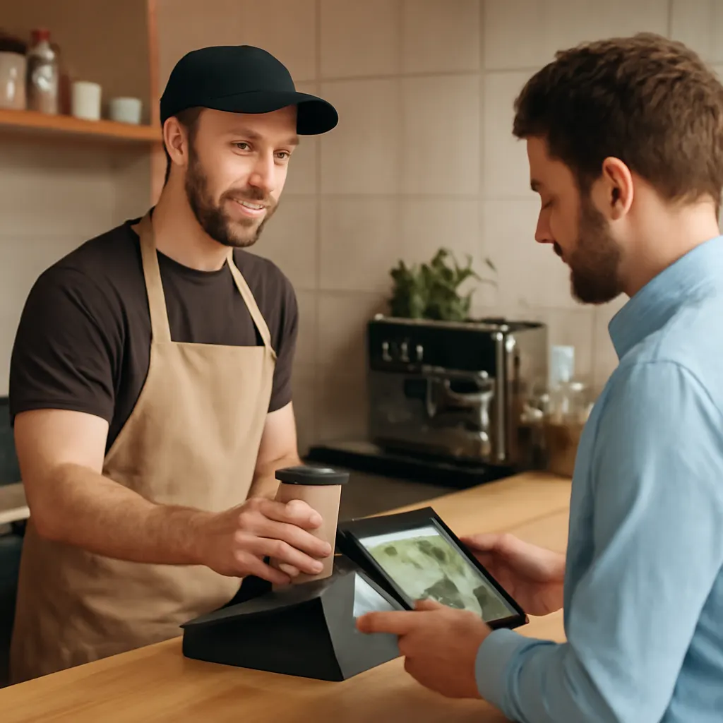 Barista podaje kawę przy nowoczesnym ladzie.