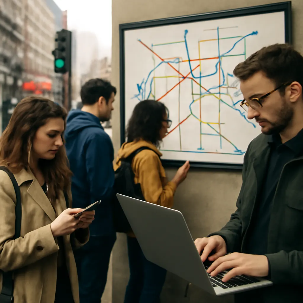 Zatłoczona ulica z ludźmi korzystającymi z technologii