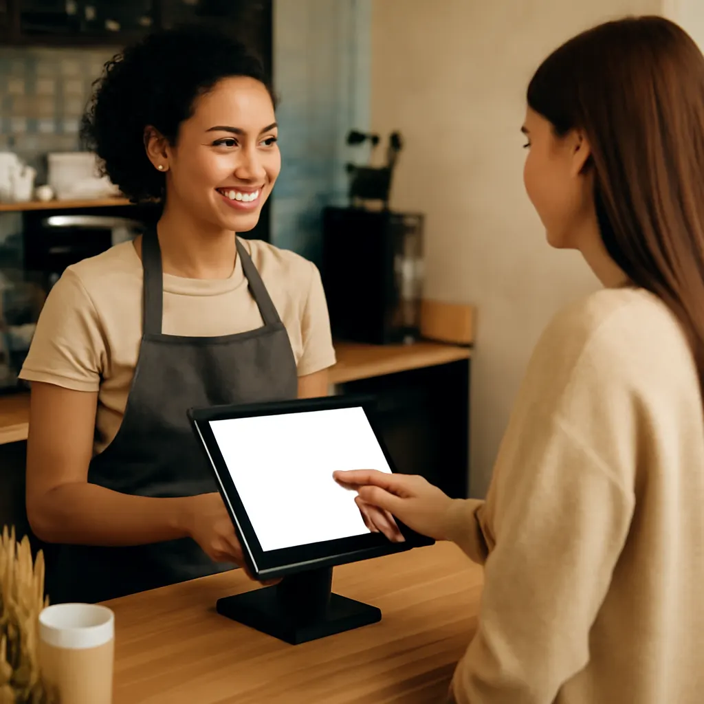 Nowoczesny mały punkt sprzedaży z interakcją klienta z baristą