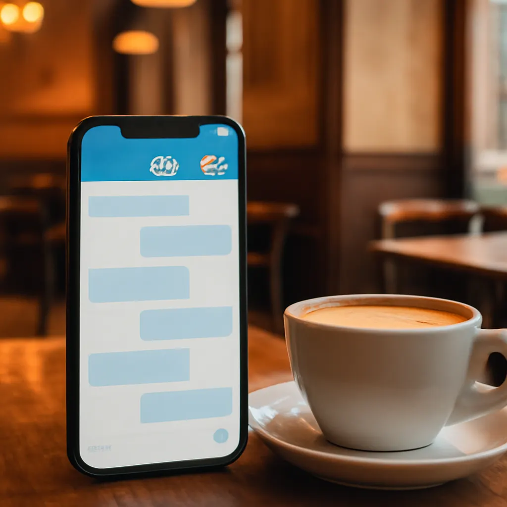 Смартфон с интерфейсом Telegram в уютном кафе.