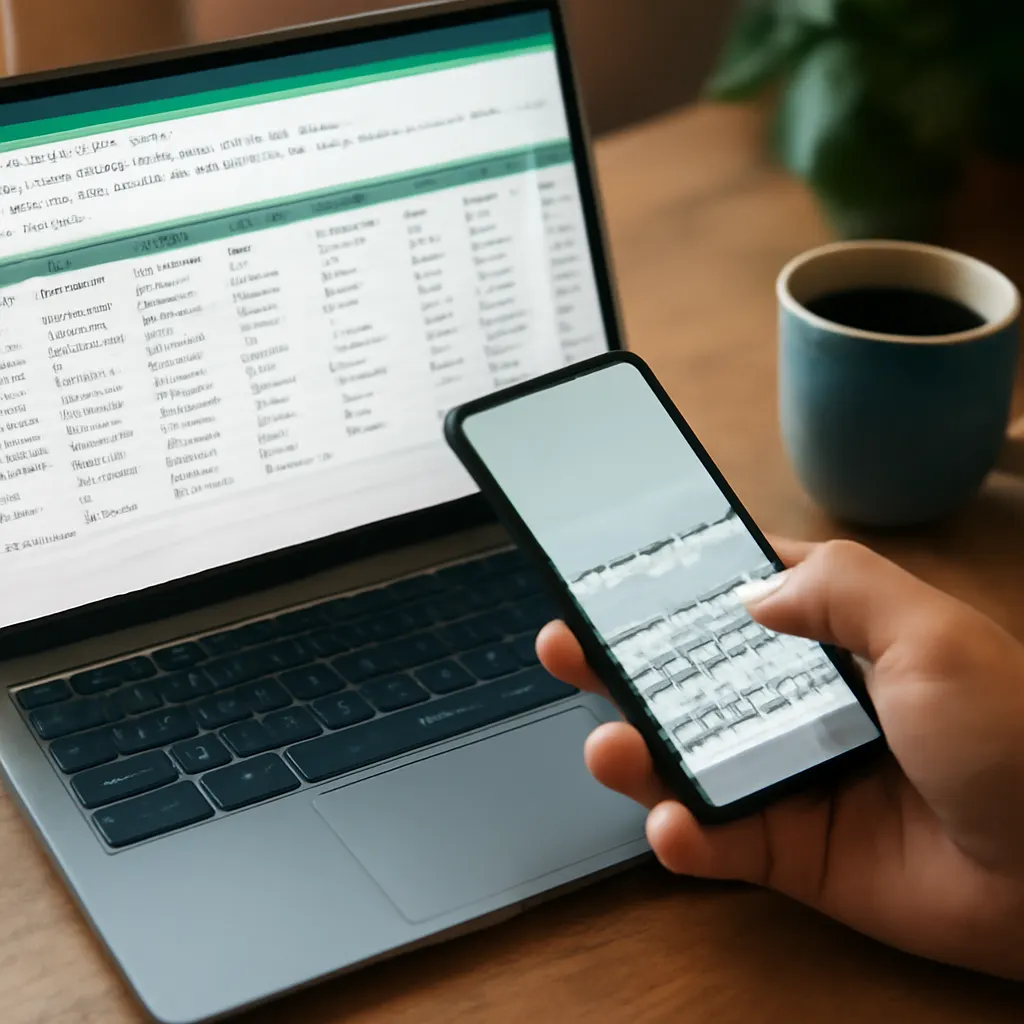 Рабочее место с ноутбуком и документом Google Sheets.