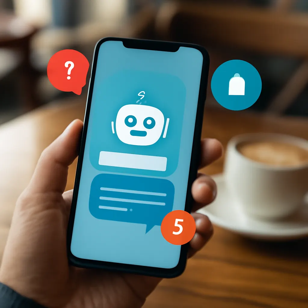 Hand holding a smartphone with chatbot interface