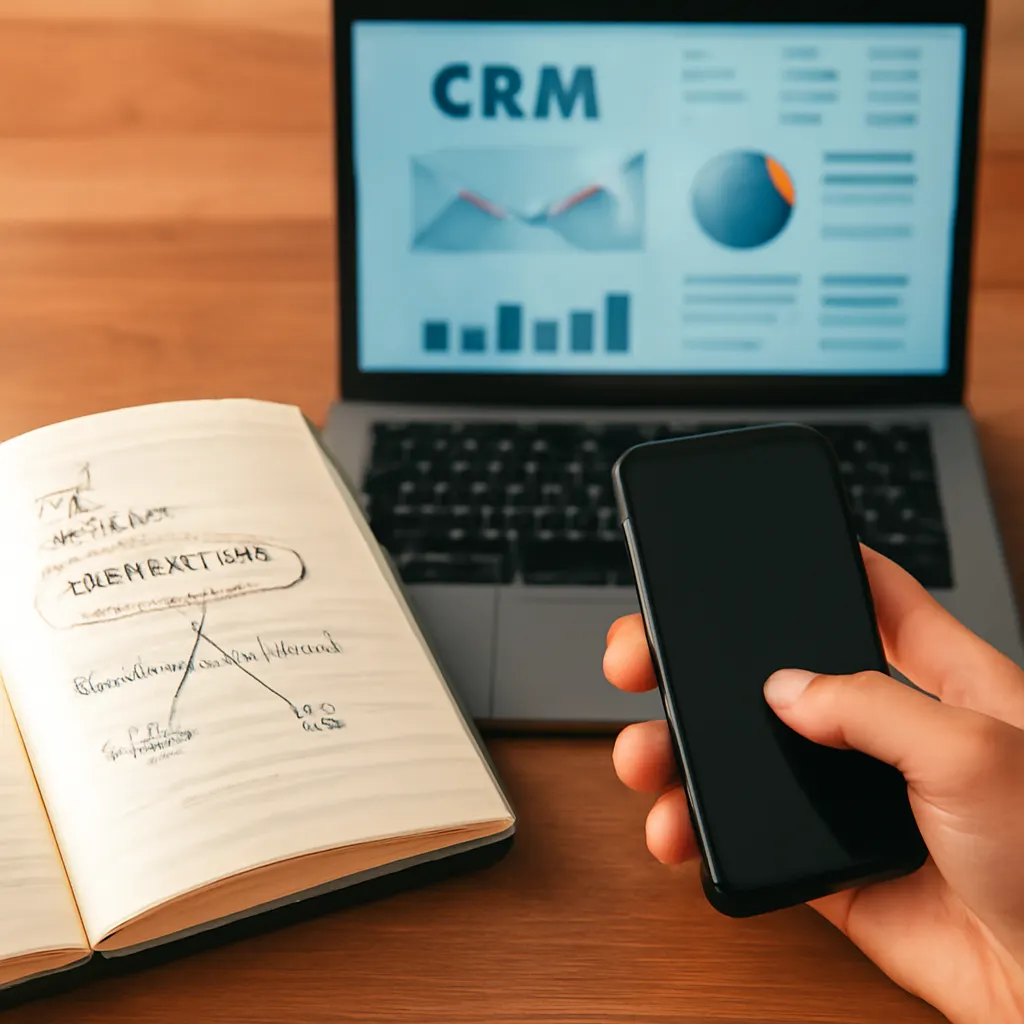 Notebook and laptop with CRM design sketches.