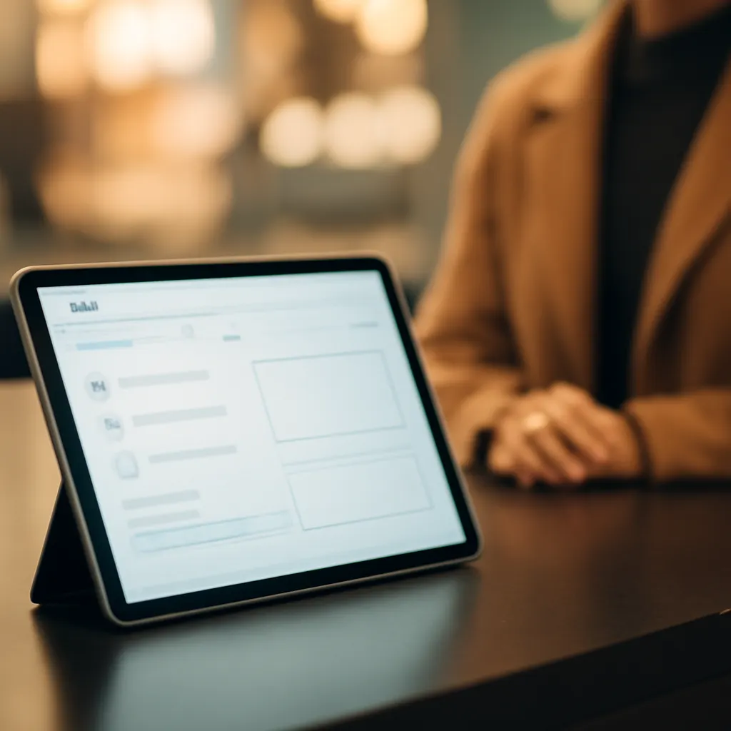 Interfejs CRM na tablecie w kawiarni.