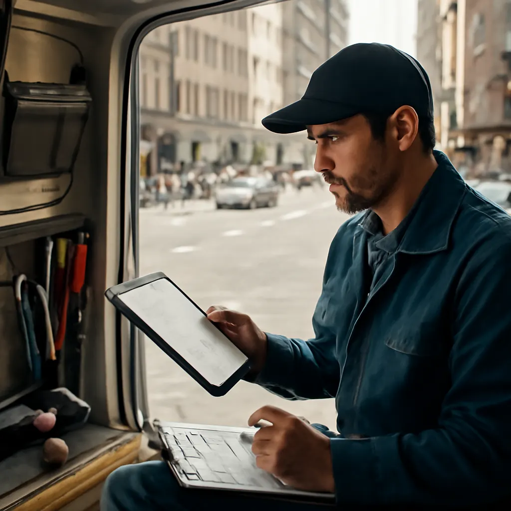 Inwentaryzacja narzędzi w mobilnym biurze technika.