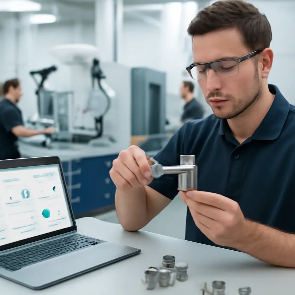 Ein sauberer Fertigungsbereich mit Mitarbeitern, die an Automatisierungstools arbeiten.