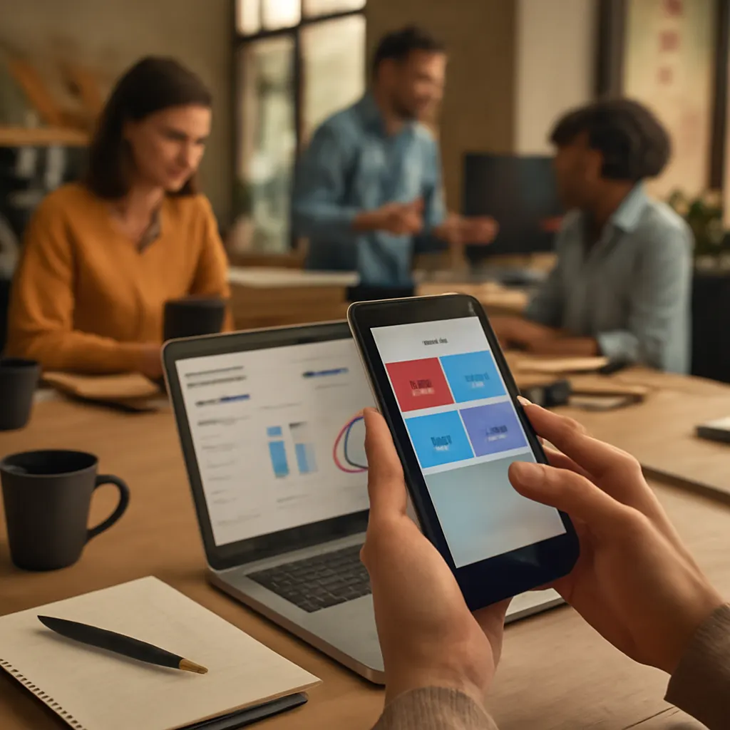 Employees in a small business using technology for automation