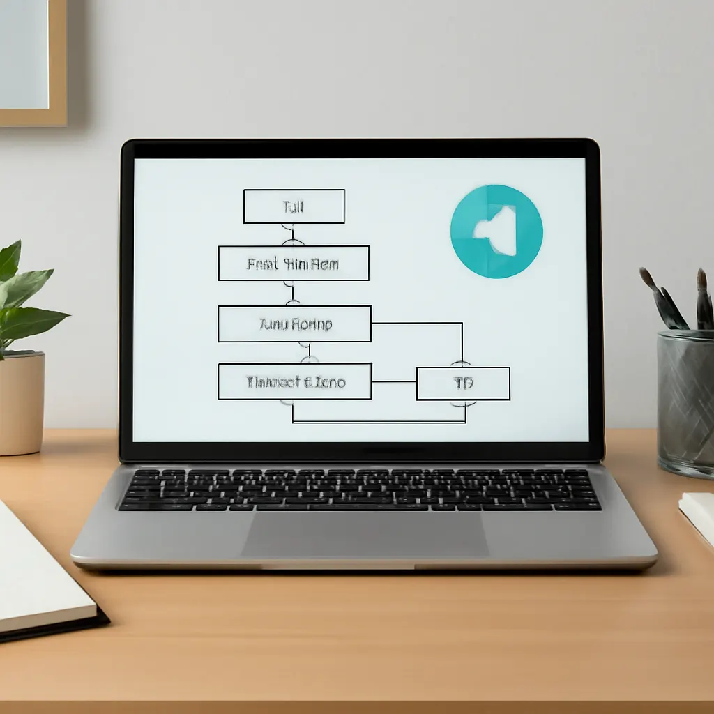 Organisierter Arbeitsplatz mit Prozessdiagramm.