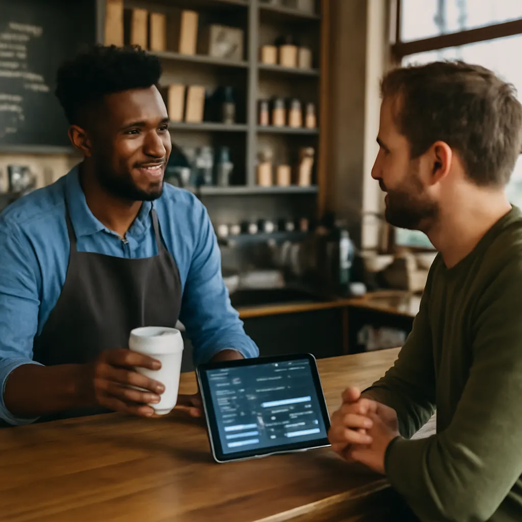 Barista obsługujący klienta przy nowoczesnej ladzie